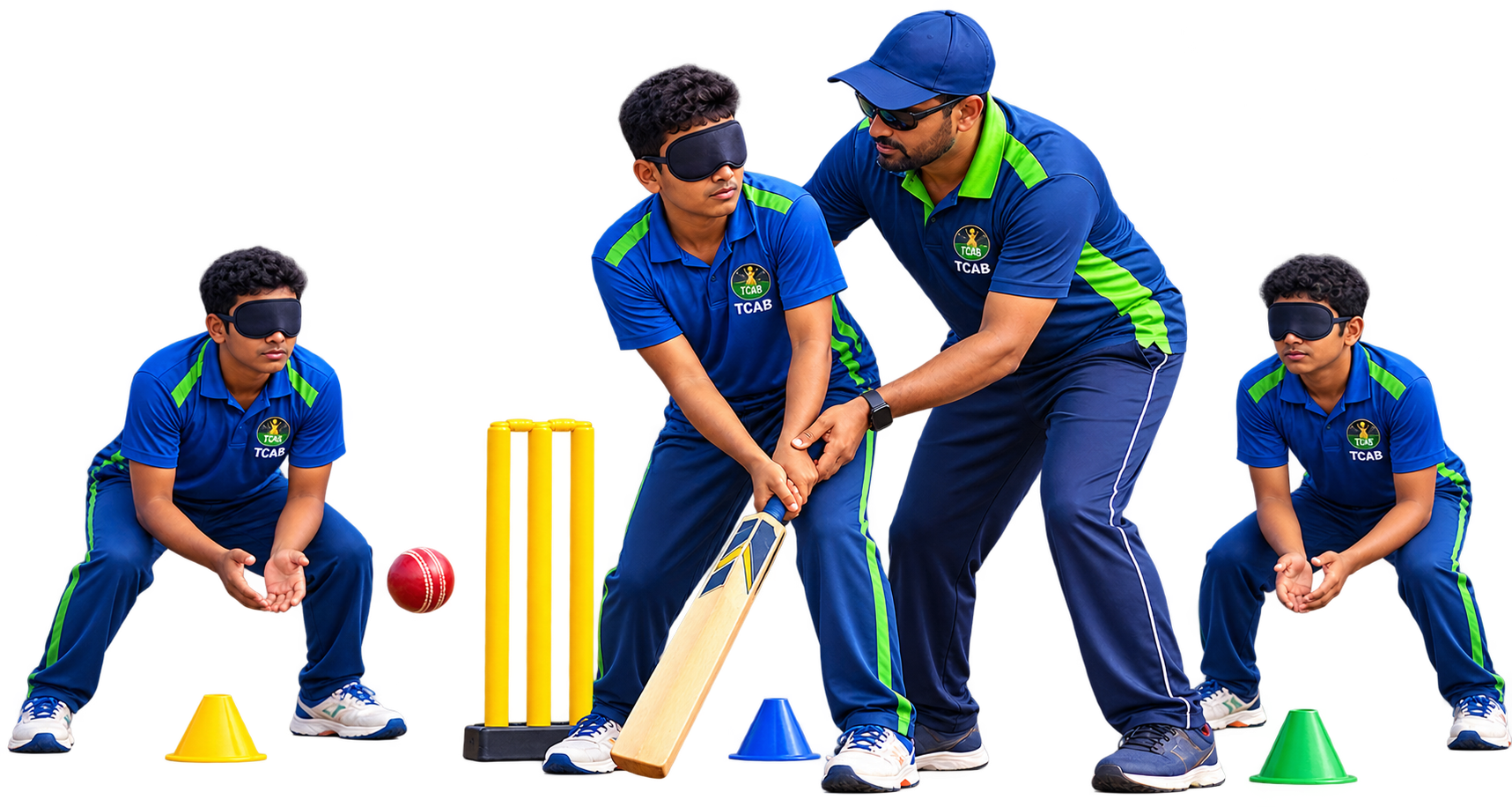 A coach guides a blindfolded batter during cricket training, with two fielders ready to catch the ball.